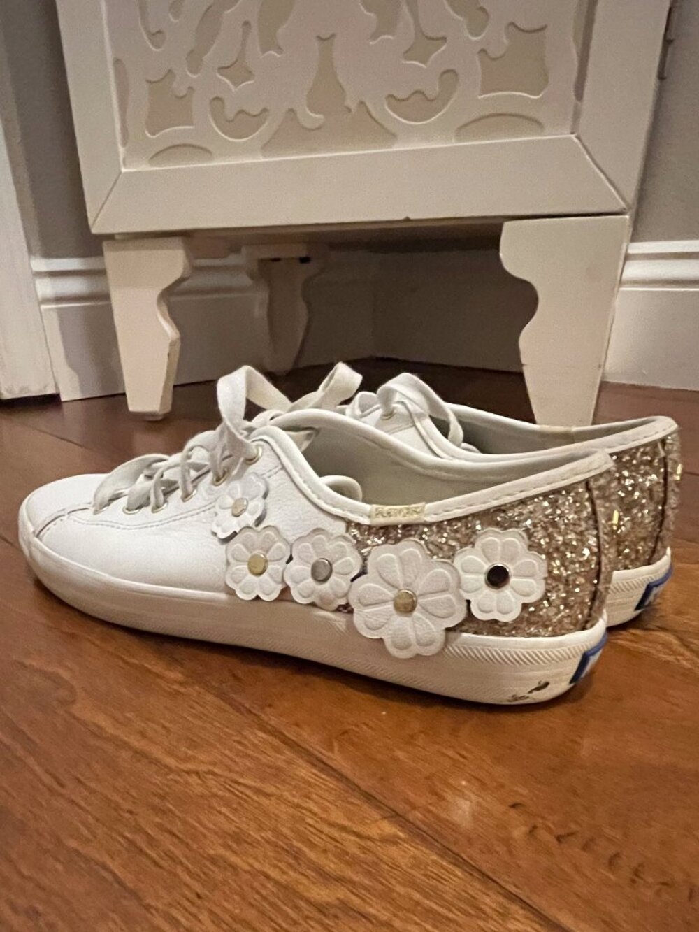 Keds x Kate Spade White Floral Gold Glitter Sneakers, Size 8.5